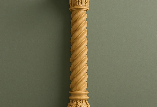 Carved wooden column with twisted trunk and elegant capital in classic style
