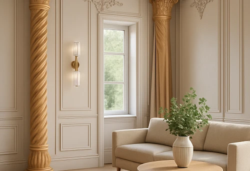 Luxurious interior with wooden carved columns adorned with twisted patterns and classical capitals