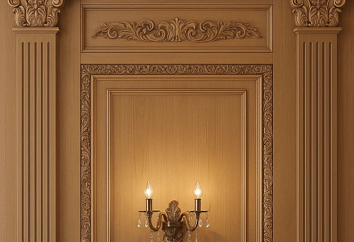 Interior with carved wooden columns in classical style, adorned with elegant ornament