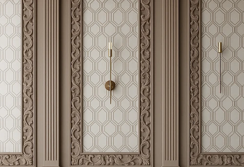 Interior with decorative half-columns and carved frames adorning walls with geometric patterns