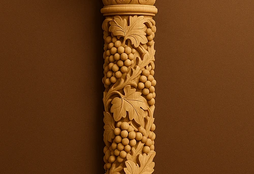 Decorative carved half-column made of wood with a classical capital and grapevine motif