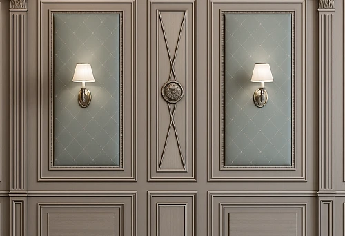 Interior with elegant half-columns and decorative panels upholstered in fabric