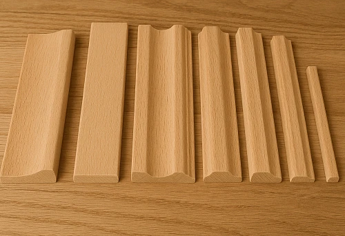 Set of wooden skirting in different shapes and sizes on a light background