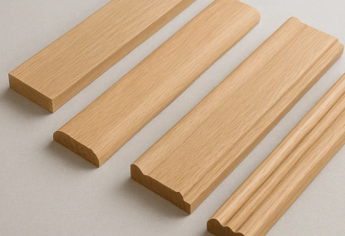 Several wide wooden baseboards of different profiles on a light surface