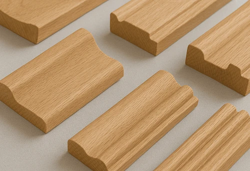 Various wooden baseboards on a light background, showcasing a variety of profiles and shapes for a stylish interior