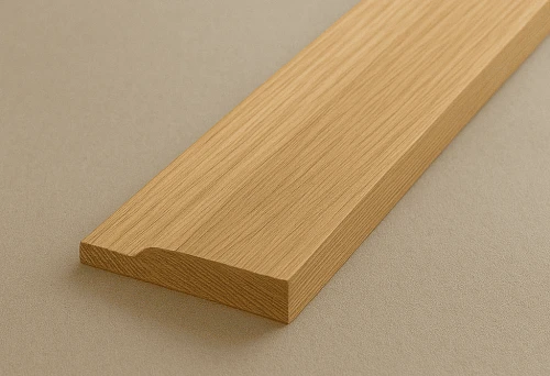 Wide wooden baseboard on a light background, showing smooth structure and straight edges