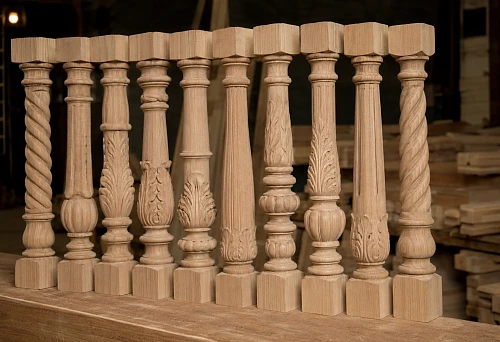 Carved wooden balusters for stairs made of solid oak and beech in the STAVROS workshop