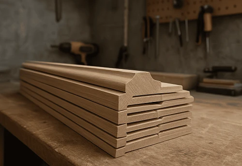 Stack of heavy wooden baseboards with elegant profile on a workbench in a carpentry workshop