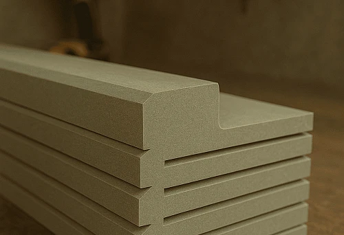 Stack of wooden baseboards with clear profile on workbench
