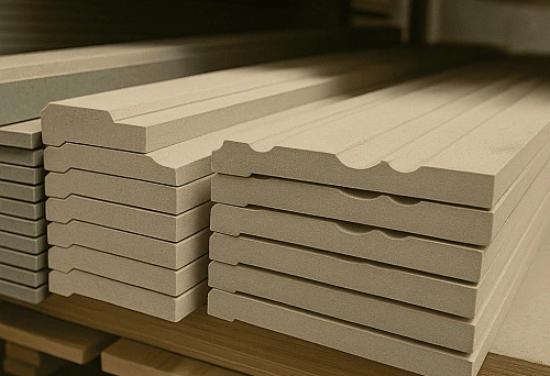 Stack of Wooden Skirting Boards of Different Profiles on a Metal Shelf in a Warehouse