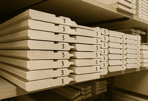 Close-up of the ends of wooden skirting boards with milling and marking