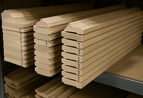 Wooden skirting boards with decorative bevels, arranged on a warehouse shelf