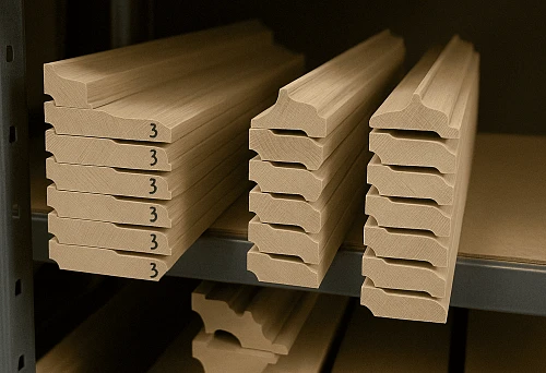 Profiled wooden skirting boards with markings, arranged on metal racks