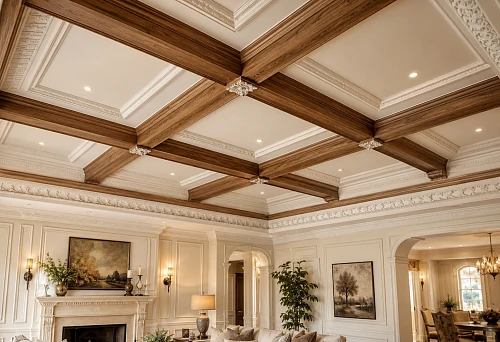 Decorative faux ceiling beams with wooden block, slats and polyurethane molding