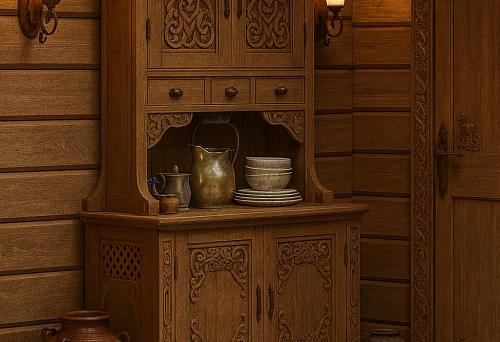 Russian interior with a wooden buffet and carved door panels