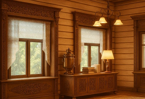 Russian Style in Modern Interior Design with Carved Window Frames