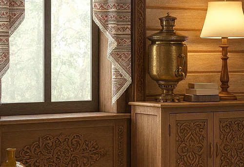 Country house interior in modern Russian style with carved furniture