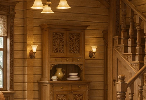 Wooden Interior with Staircase and Carved-Element Cabinet in Russian Style