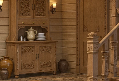 Russian style in an urban apartment with ornaments and lighting fixtures