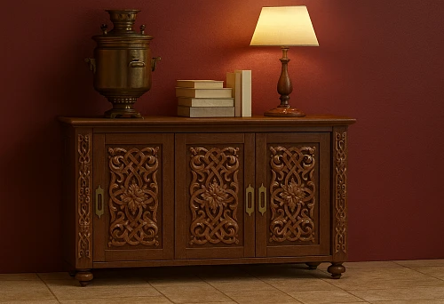 Carved wooden sideboard in Russian style with traditional ornament