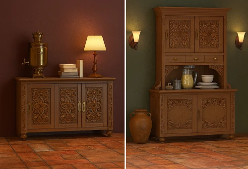 Commode with carved doors in Russian style and decorative patterns