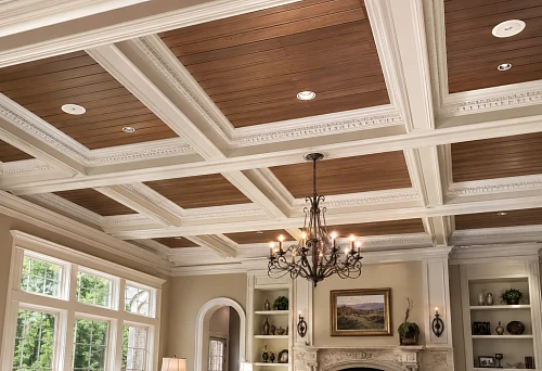 Classic-style coffered ceiling with wooden slats and polyurethane molding