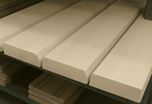 Smooth wooden skirting boards with bevel, displayed on a warehouse shelf in Chelyabinsk