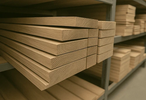 Wooden skirting boards in stock &mdash; view of the end and wood grain texture