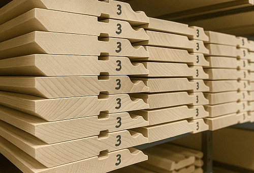 Warehouse of wooden baseboards with labeling &mdash; solid wood products