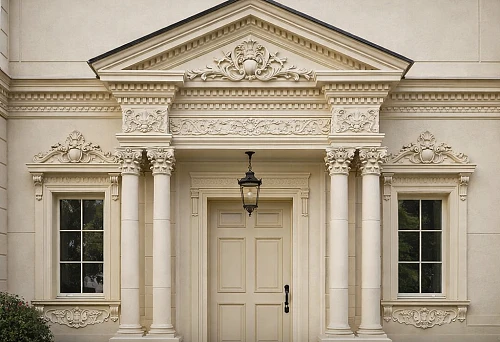 House facade with architectural decor made of polyurethane &mdash; columns, capitals and cornice