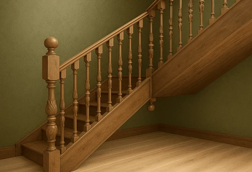 Staircase with carved balusters and massive posts made of natural wood