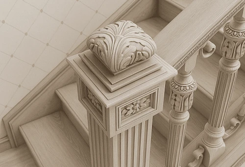 Classic Balusters and Columns from Wood on Staircases in Minsk Interiors