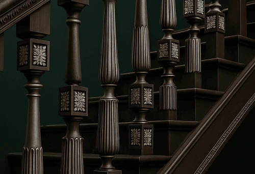Modern staircase railing with thin and elegant dark wood balusters