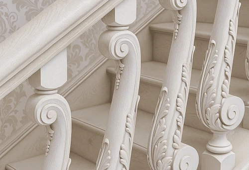 White carved baluster made of wood with artistic ornamentation, close-up