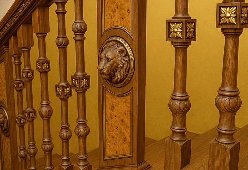 Closed wooden balusters with decorative inserts and carved lion head insert