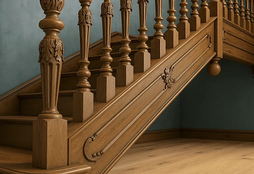 Fragment of a wooden staircase with carved balusters and decorative elements,