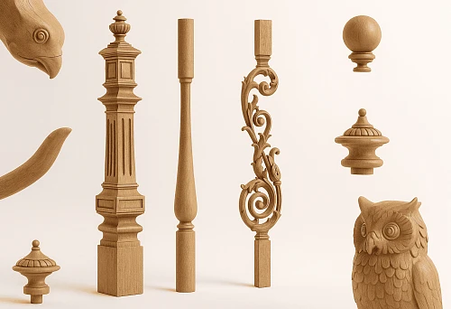 Assortment of Wooden Balusters and Architectural Elements for Stairs, Including Classical, Ornamental, Carved, and Decorative Details