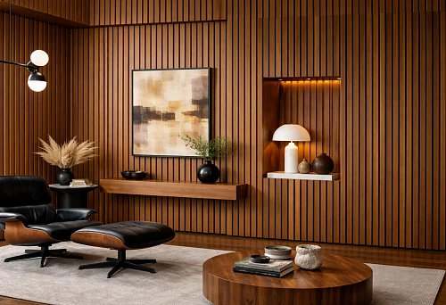 Solid wood slatted panels in a modern living room interior with a wooden wall, soft armchair, decorative lighting, and stylish coffee table