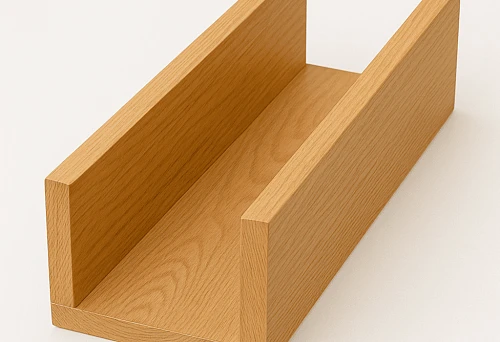Decorative wooden beam with open top and high profile, light shade