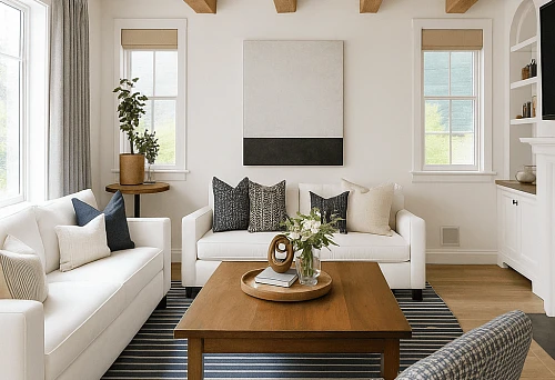 Living room interior with expressive decor of wooden ceiling beams