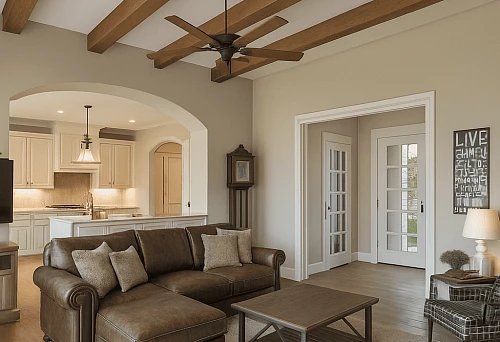 Modern living room with ceiling decorated with decorative wooden beams