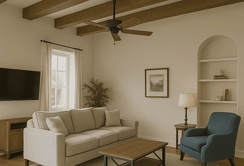 Ceiling with decorative wooden beams in a cozy modern living room