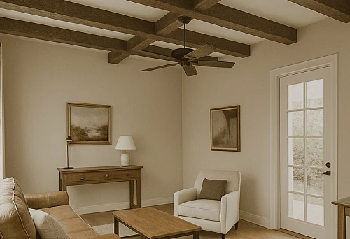 Living room interior with a ceiling adorned with decorative dark wood cross beams