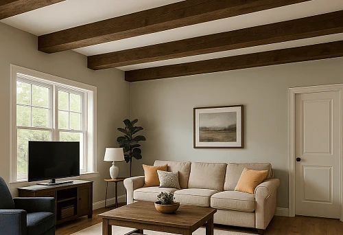 Decorative wooden beams on the ceiling of a cozy modern living room