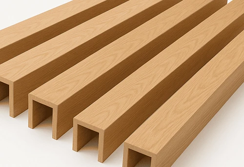 Set of U-shaped decorative beams made of wood, evenly laid parallel