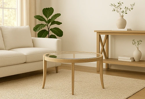 Modern wooden pedestal for a round table with transparent top in a bright living room