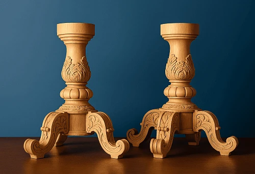 Two large carved wooden supports for the table apron with elegant hand finishing, against a blue wall