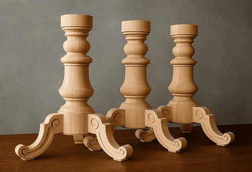 Three classic precisely crafted wooden supports for a baseboard against a gray wall