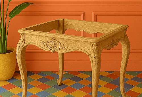 Elite wooden base with carving on curved legs against a bright interior