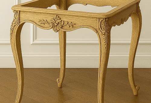 Carved wooden pedestal for a table with elegant curved legs and decorative ornament against a light wall and parquet